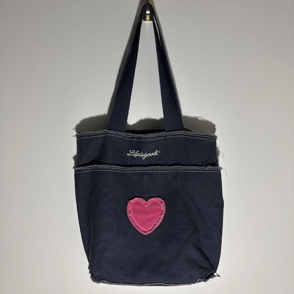 Life Is Good Canvas Frayed Edge Heart Tote Bag Purse Denim Blue
